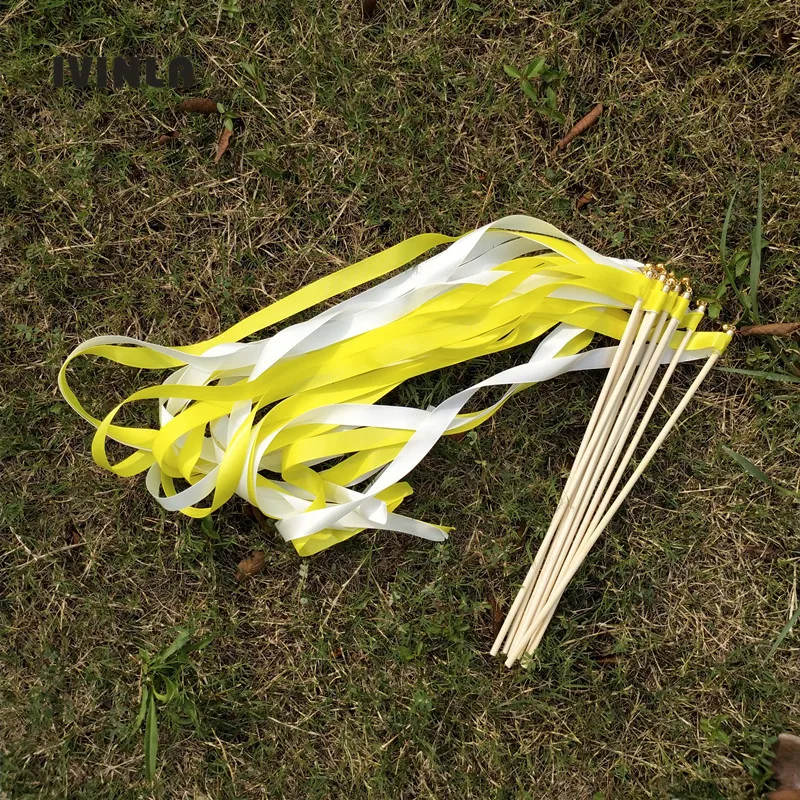 50 шт./партия Желтая и белая Свадебная лента палочки с золотым колокольчиком для