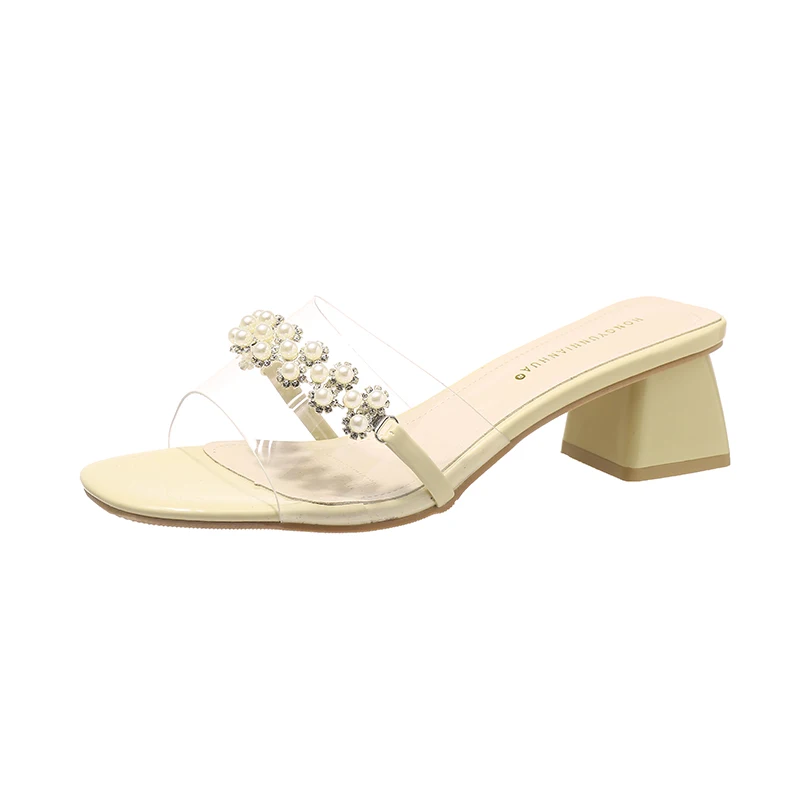 

Transparent Slippers Shoes Glitter Slides Med Women Heels Square heel Fashion Rivet Pantofle Soft Jelly High Block Luxury 2021 P