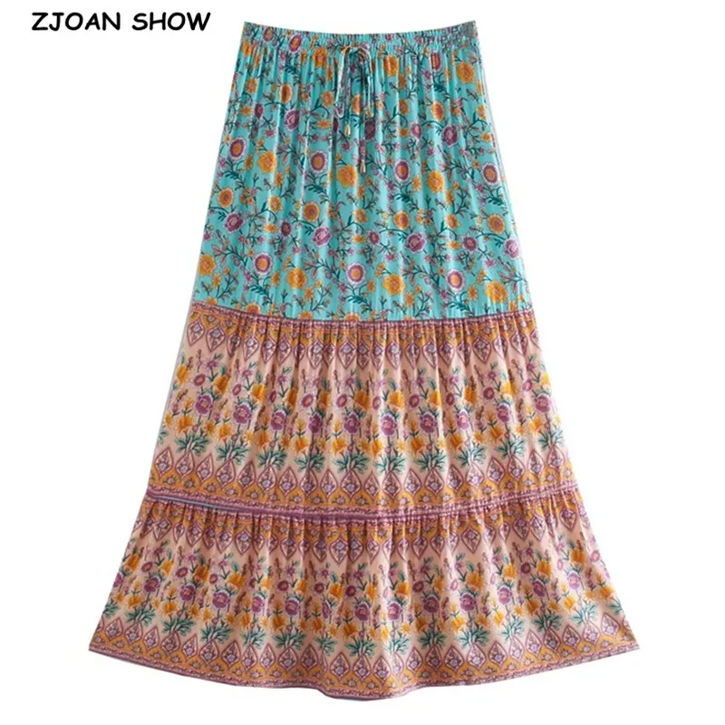 

3 Colors 2021 Bohemia Floral Print Long Skirt BOHO Stitching Ruched Ruffle Hem Holiday Women Adjust Stream Waist Swing Skirts