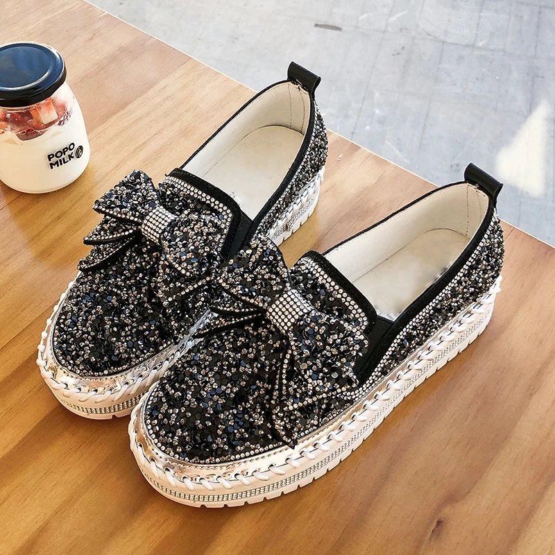 Женские блестящие Лоферы Rimocy с бабочкой женские Серебристые туфли на платформе