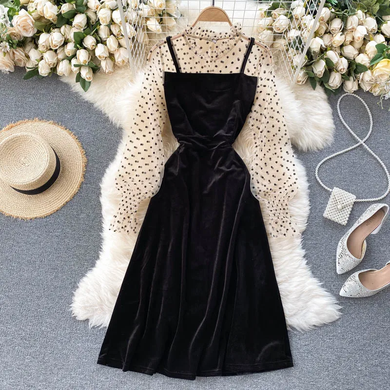 

Black Mesh Velvet Patchwork Vintage Party Dress Women Casual Ruffle Collar Long Sleeve High Waist Knee-Length Vestidos Fashion
