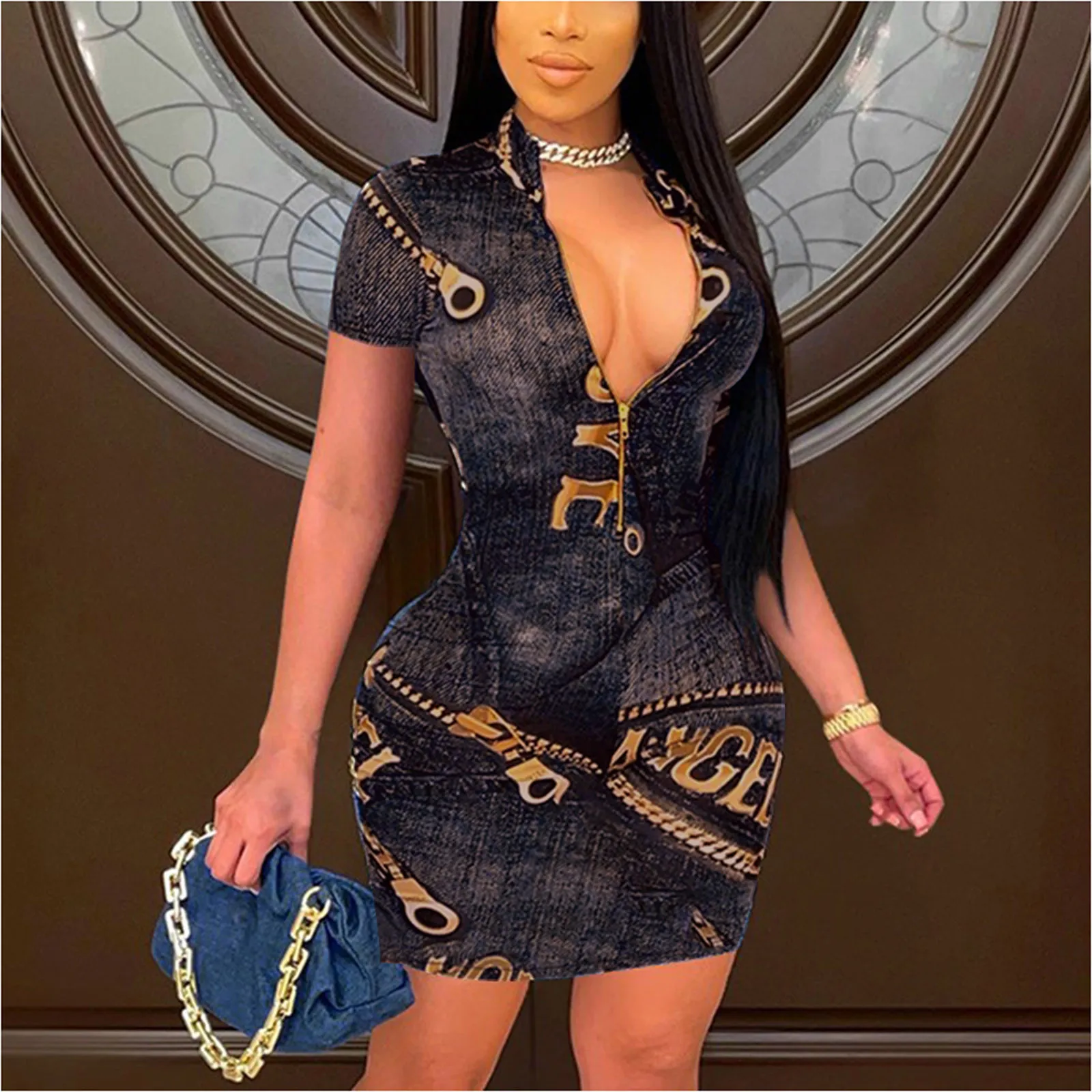 Платье в ретро стиле женское повседневное V образным вырезом и принтом короткие