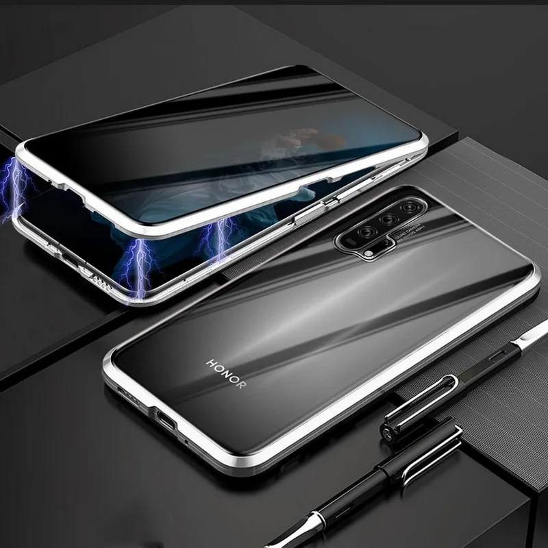 360 ° анти-ползучий магнитный металлический чехол для huawei Honor 20 20Pro закаленное стекло чехол Чехол Coque