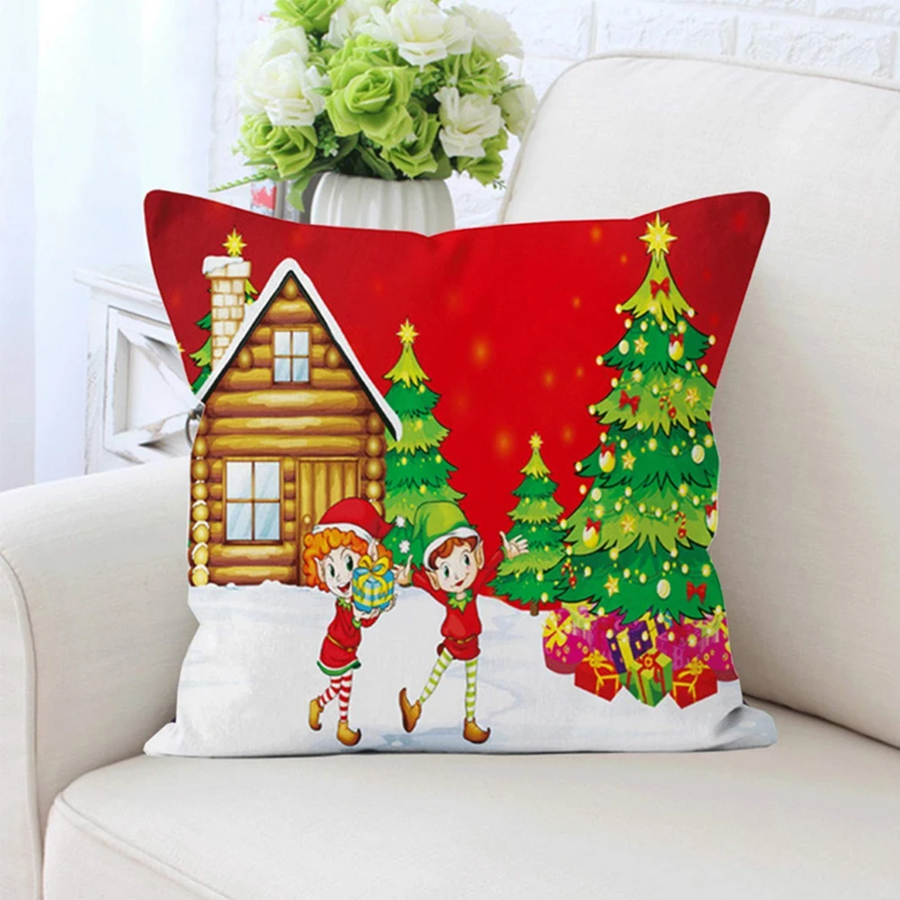 

4PCS Christmas Theme Square Pillowslip Pillow Cover Red Cushion Cover Christmas Tree Throw Pillowcase Holiday Decoration