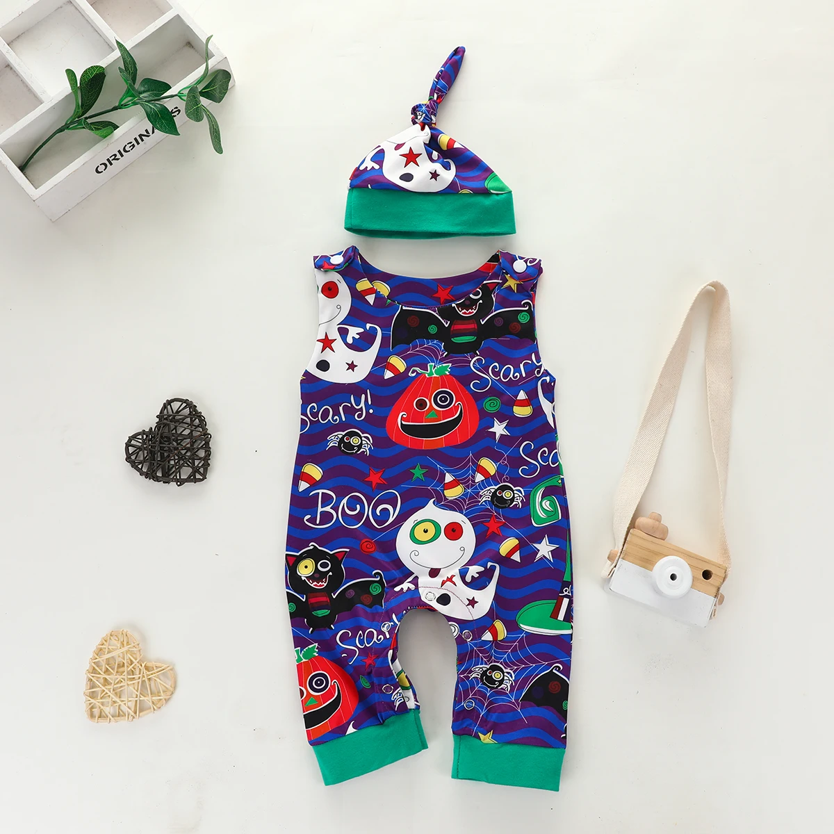 

Double Padded Halloween Baby One-piece Pumpkin Print Round Neck Sleeveless Jumpsuit and Hat Yellow/black/purple 0-24 Months