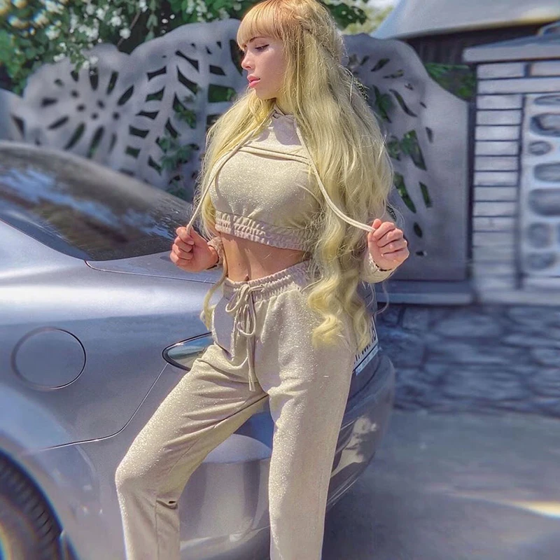 Блестящий комплект из двух предметов спортивный костюм для женщин пуловер с