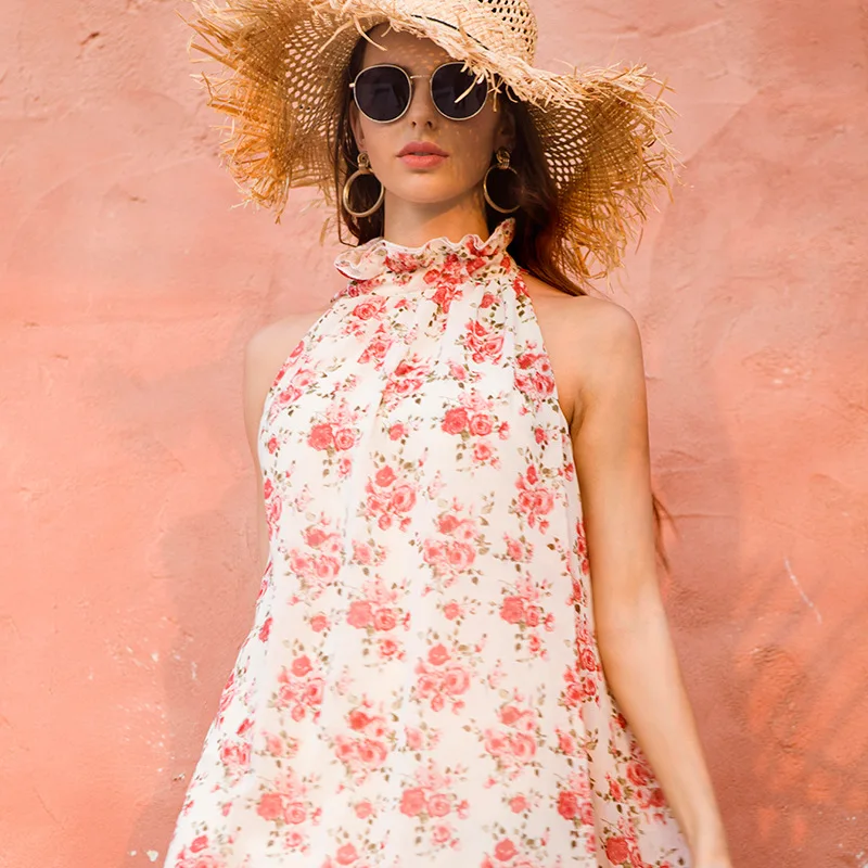 Макси платье WHZHM женское с цветочным принтом шифоновый пляжный сарафан трапеция