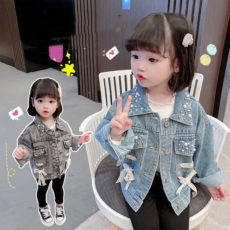 

Lace Bow Jean Spring Autumn Coat Girls Kids Outerwear Teenage Top Children Clothes Costume Evening Party High Quality