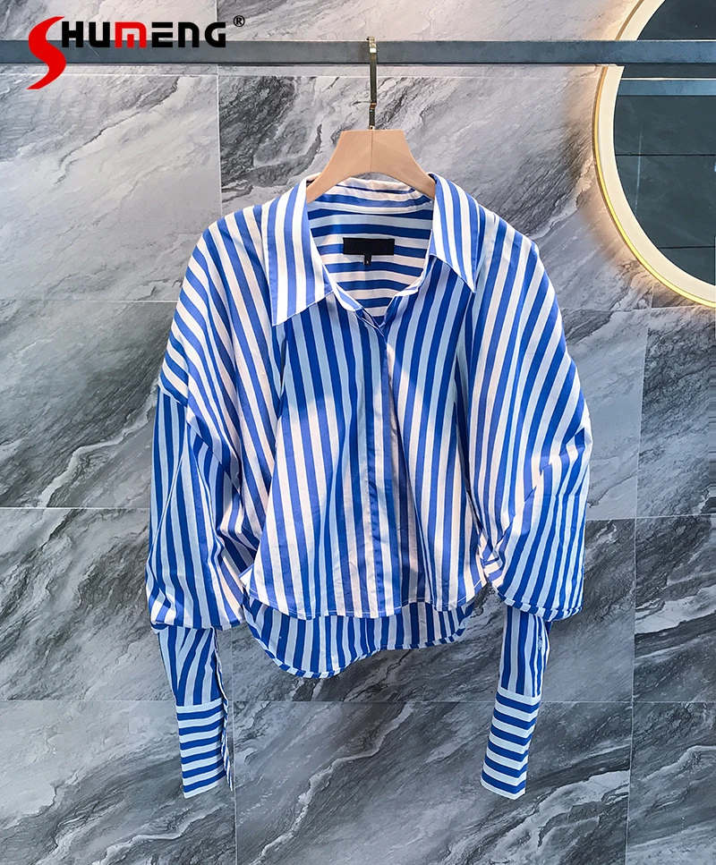 

Striped Blue Shirt for Women 2021 Spring New Fashion Lapel Puff Sleeve Single-Breasted Loose Blouse Female Tops
