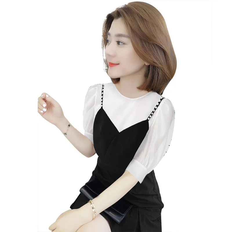 

2021 New Fashion Temperament Fake Two-piece Dress Korean Version of The Black Thin Skirt Spring and Summer Women's Wear Dress