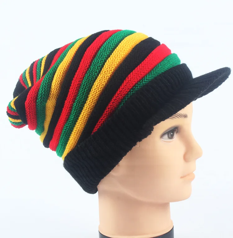 Зимняя Мужская и Женская Полосатая красная желтая зеленая Bob Marley Reggae модная новая шерстяная Радужная вязаная шапка ямайская облегающая шапка