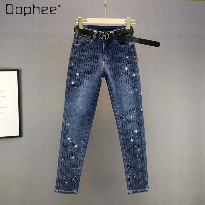 

2021 Spring European Dark Blue Hot Diamond Jeans Women's Wave New High-waisted Tight Fit Stretchable Denim Pants Jeans
