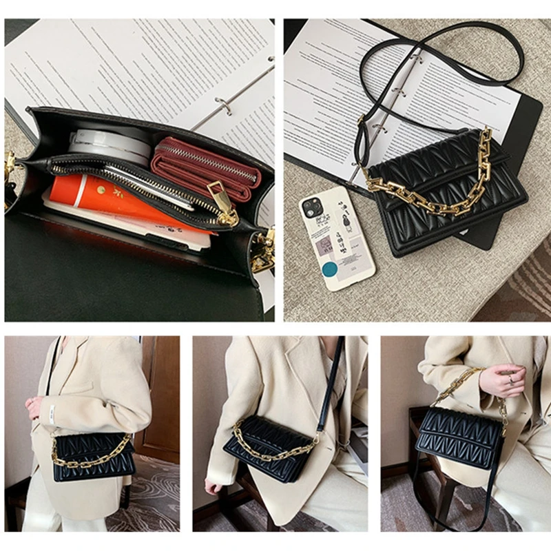 

Fashion Thick Chain Pleated Shoulder Handbags 2021 Ladies Brand Designer Purse Women's Soft PU Leather Solid Color Crossbody Bag