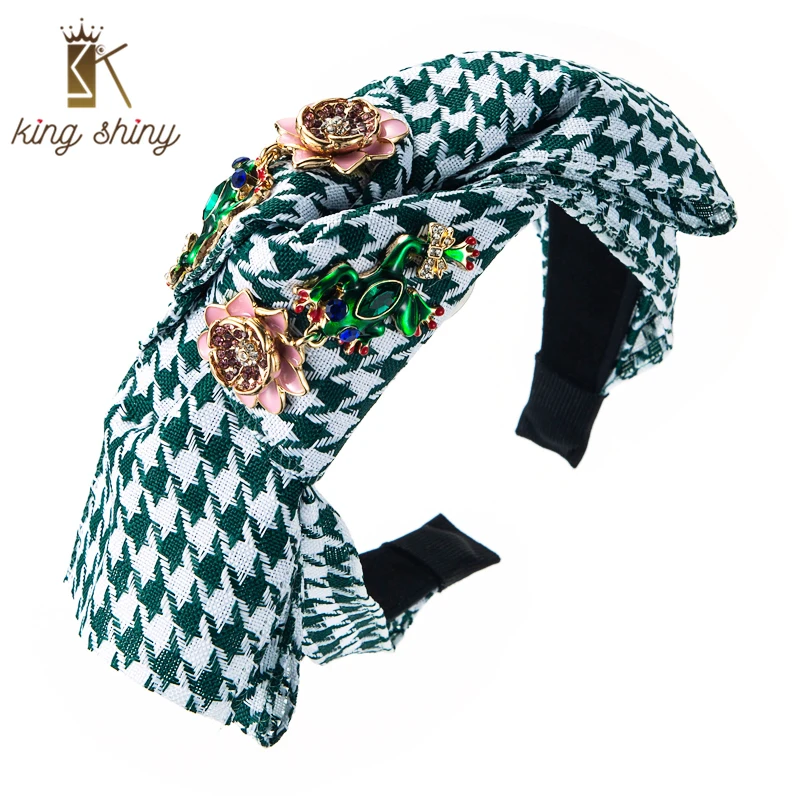 

King Shiny Elegant Crystal Flower Headband for Woman Luxury Bowknot Check Fabric Twisted Hairband Girls Party Hair Jewelry Bezel