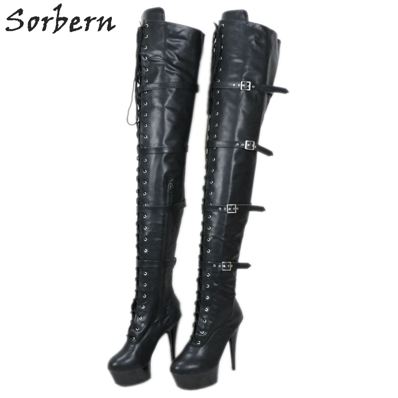 

Sorbern Matt Black Crotch Thigh High Women Boots Custom Slim Wide Legs 15Cm High Heels Platform Shoe Stripper Heels Pole Dance