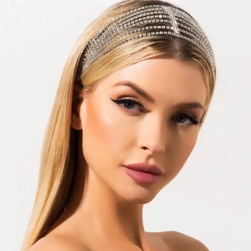 

European and American fashion luxury shining Rhinestone Crystal multi row elastic hairband sweet bridal jewelry headdress birthd