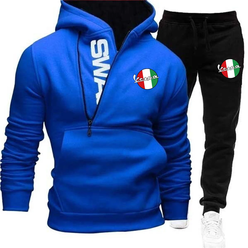 

2021New Hedging Side Zipper Hit Vespa Motorcycle Letter Printing Color Outdoor Sports Men's Suit Hooded Casual Men's Velvet Suit