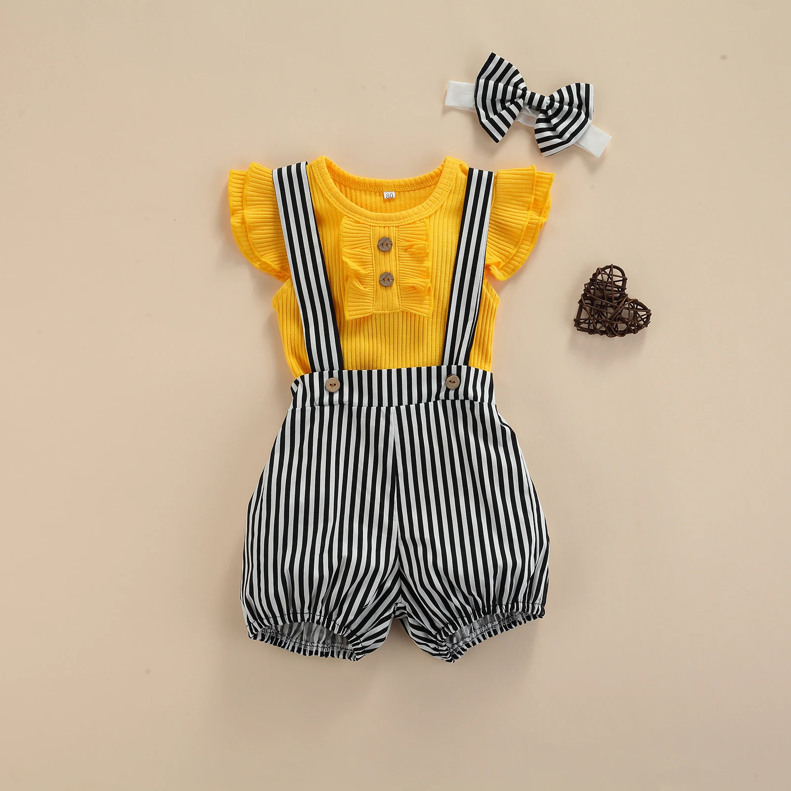 

Toddler Summer Outfit Solid Color Ruffled Sleeves Romper and Stripes Suspender Shorts and Headband for Baby Girls