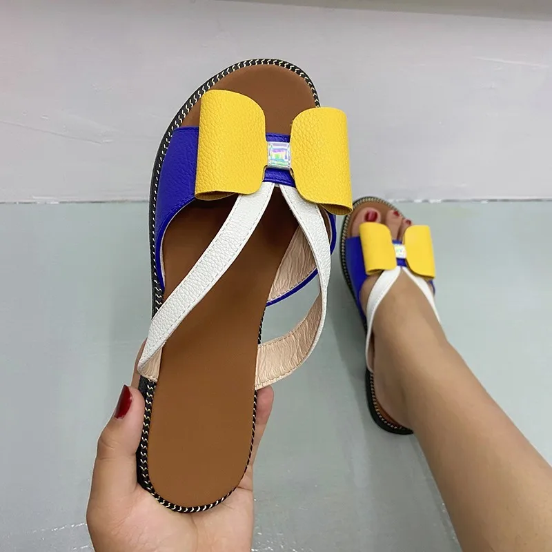 

Women Shoes 2021 Summer Women Fashion Flat Color Blocking Bowknot Large Size Sandals Slippers PU Beach Outdoor Slides