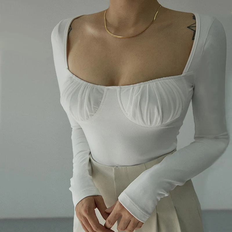 

Women Sexy Gathered Bust Long Sleeve Crop Top