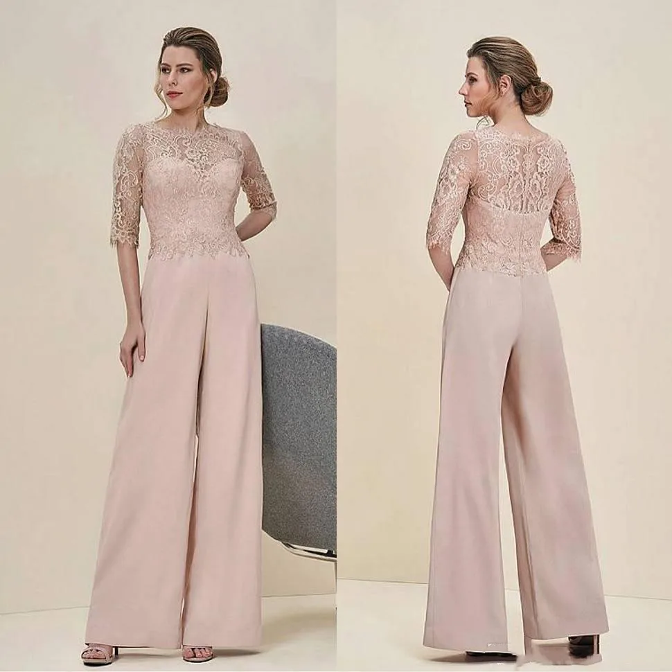 

Cheap Jumpsuits Lace Mother Of The Bride Pant Suits Bateau Neck Half Sleeves Wedding Guest Dress Chiffon Plus Size Mothers Groom