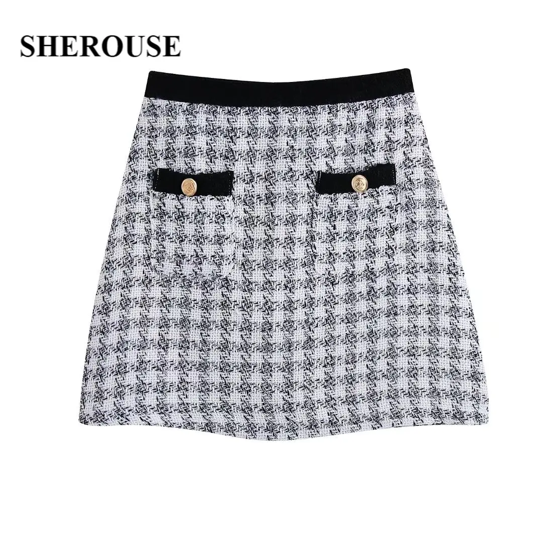 

Женская мини-юбка Sherouse, модная короткая юбка с завышенной талией, накладные передние карманы с пуговицами, невидимая молния