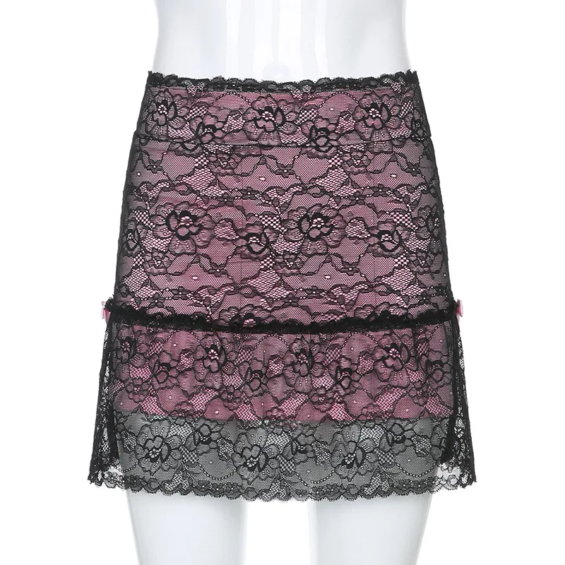

2021 Lace Patched Skirts Side Split Y2K Mini Skirts Bow Retro Short Skirts Frill Cute Bottom Streetwear Clubwear Women 90S