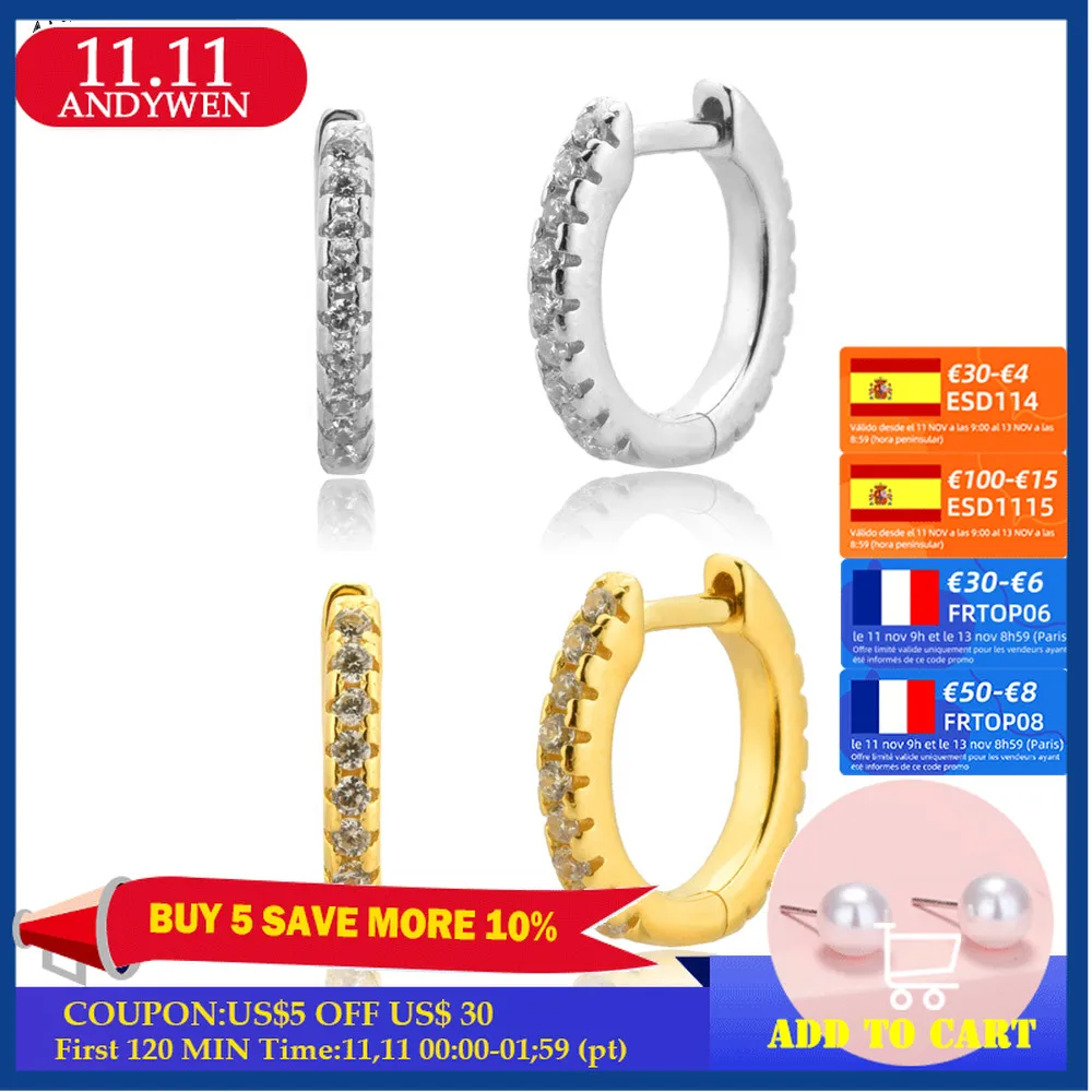 

ANDYWEN 100% 925 пробы серебряные прозрачные круглые кольца серьги для пирсинга CZ циркониевые Роскошные серьги ювелирные изделия 2021 тонкие петли