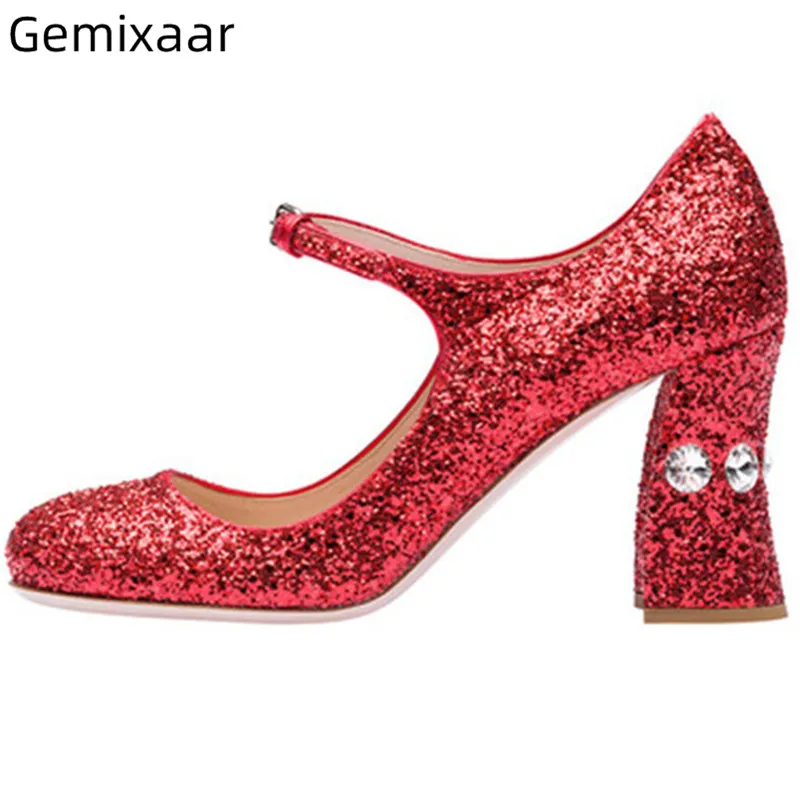 

Bling Sequined Cloth Mary Janes Diamond High Hoof Heel Block Heels Round Toe Buckle Belt Sequins Rhinestone Spring Shoes Woman