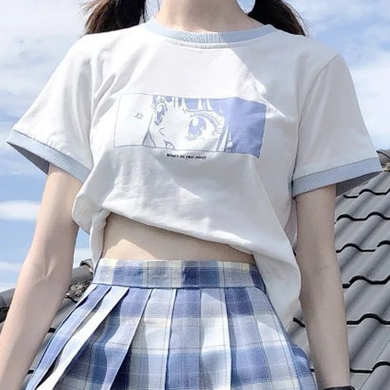 

Женские летние футболки с милым аниме принтом, белый топ с коротким рукавом, манга, Японская уличная одежда, корейская мода 2021