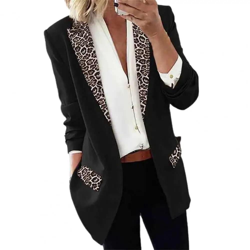 

Office Lady Autumn Winter Cardigan Blazer Leopard Print Fake Flap Pockets Long Sleeve Double Breasted Lapel Women Suit Jacket