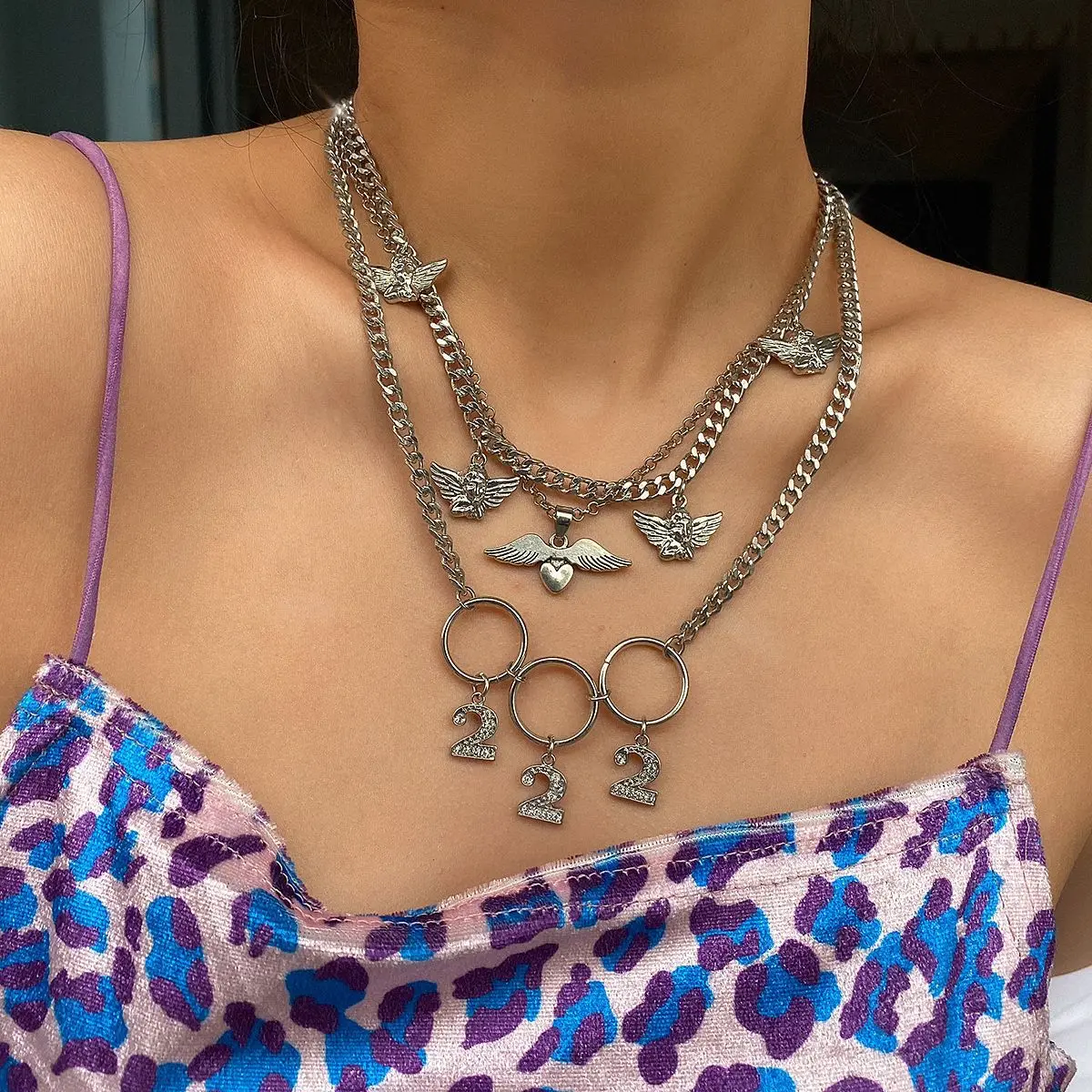 Сердце ангел 222 Многослойная длинная цепь Женская Мужская металлическая