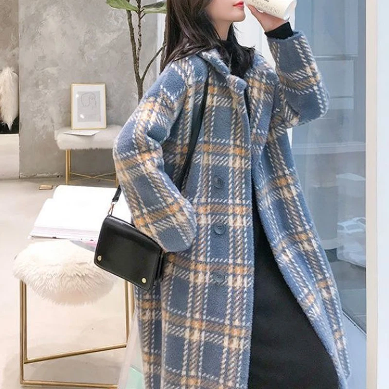 

Coats Women Turn Down Collar Plaid Imitation Mink Velvet long Coats Autumn Winter Fashion Elegant Casual Warm Outwear
