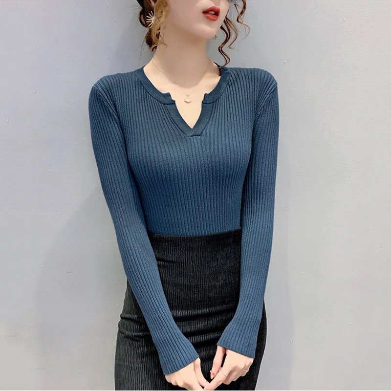 

New 2021 Knit V-Neck Base Tops Autum Winter Office Lady Long Sleeve Women's Rib Sweater Pullovers Soft Wram Pull