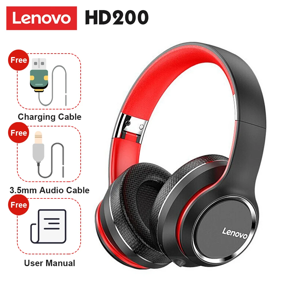 

Складные Накладные наушники Lenovo HD200, Bluetooth 5,0, беспроводные наушники, спортивные музыкальные наушники 3,5 мм, AUX IN MP3 плеер с микрофоном