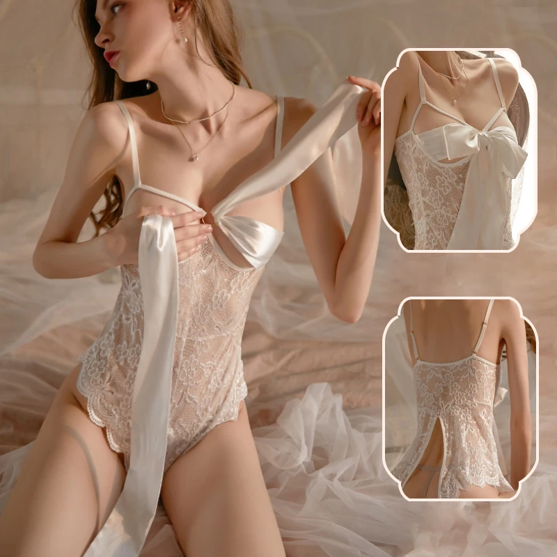 

Sexy Lingerie Feminine Lace Tights Bow Jumpsuit Temptation Uniform Open File Suit Adult Products