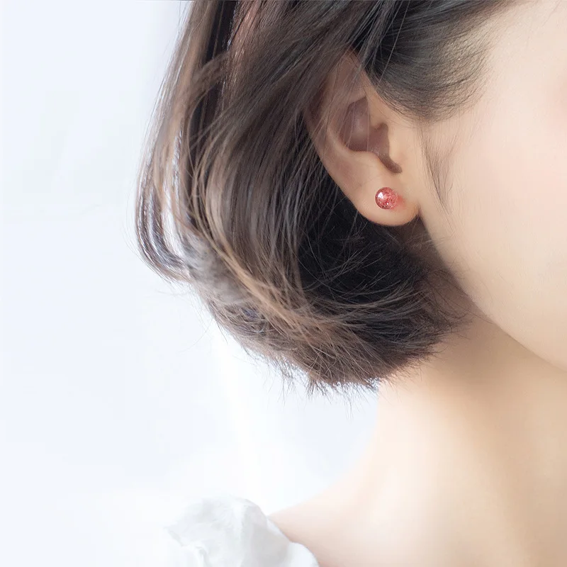 Женские серьги-пусеты с клубничным кристаллом 6 мм из 100% настоящего серебра 925