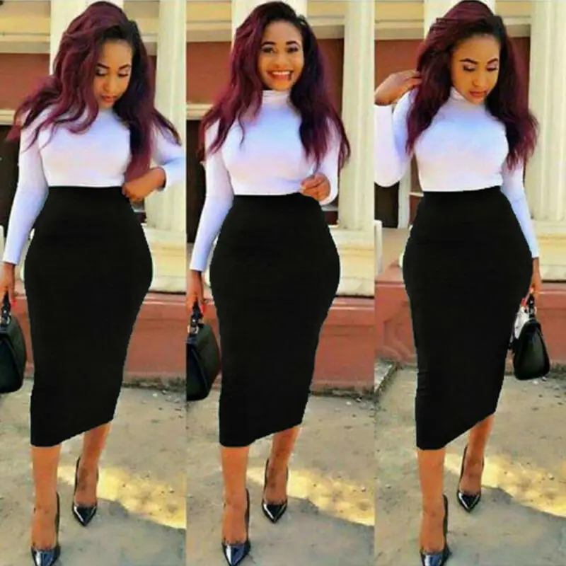 New Office High Waist Midi Pencil Skirt Stretch Casual Uniform Bodycon Tube Women Ladies Plain Plus Size Solid Dress | Женская одежда