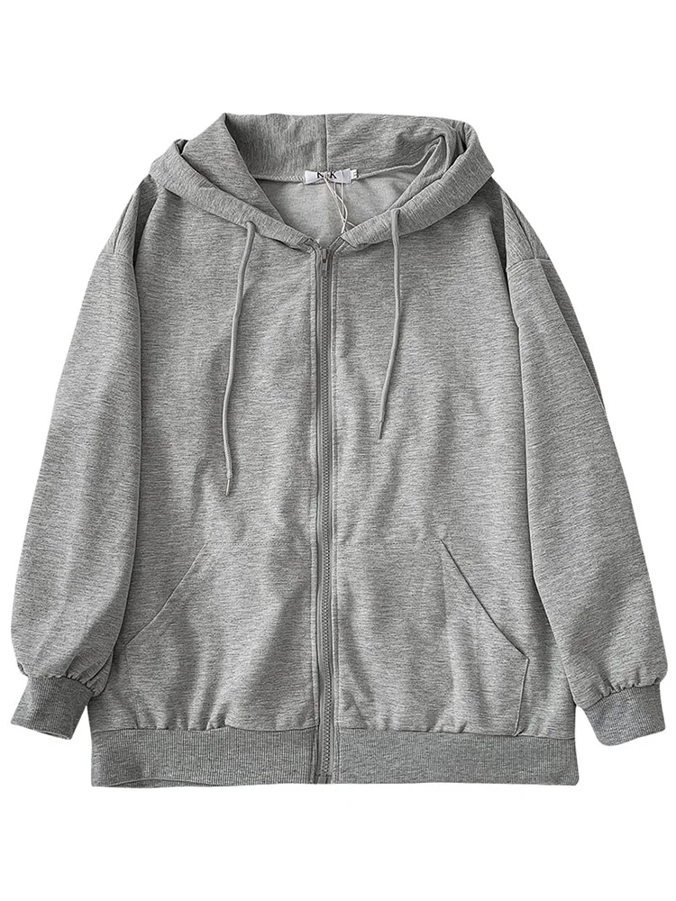 

New Autumn Korean Sweatshirts Women Hooded Drop Shoulder Solid Color Long Sleeve Loose Drawstring Zipper Hoodies Thin Tops 2020