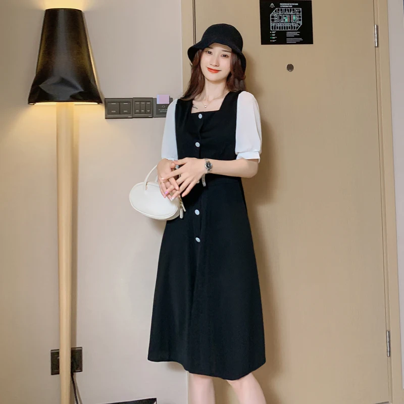 

9529# Summer Korean Fashion Maternity Nursing Long Dress Elegant A Line Slim Breast Feeding Clothes Chic Ins Pregnancy Patchwork