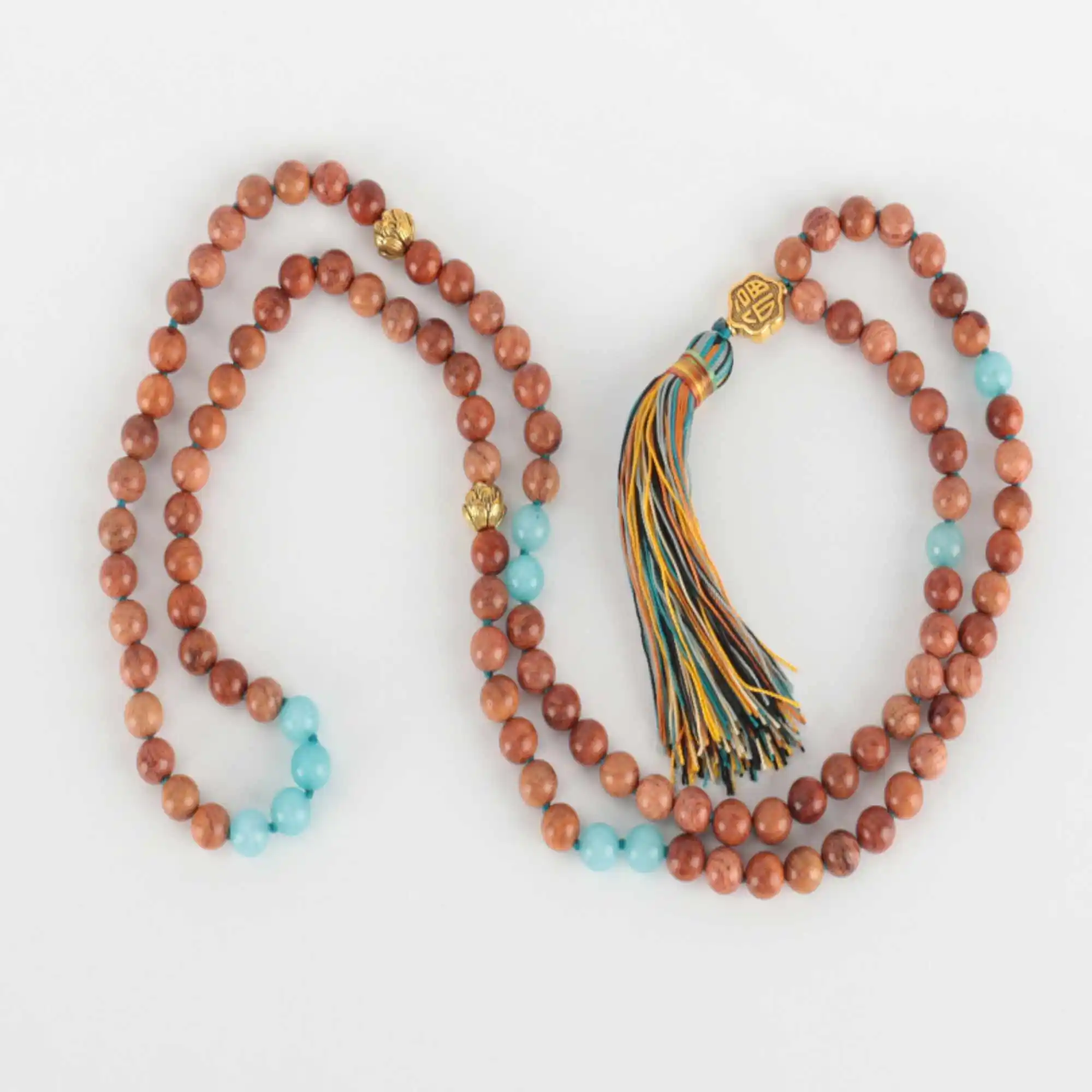 

8mm 108 knot Natural Sandalwood Aquamarine Tassel bracelet gift Calming All Saints' Day Bless Blessing Handmade Practice Pray