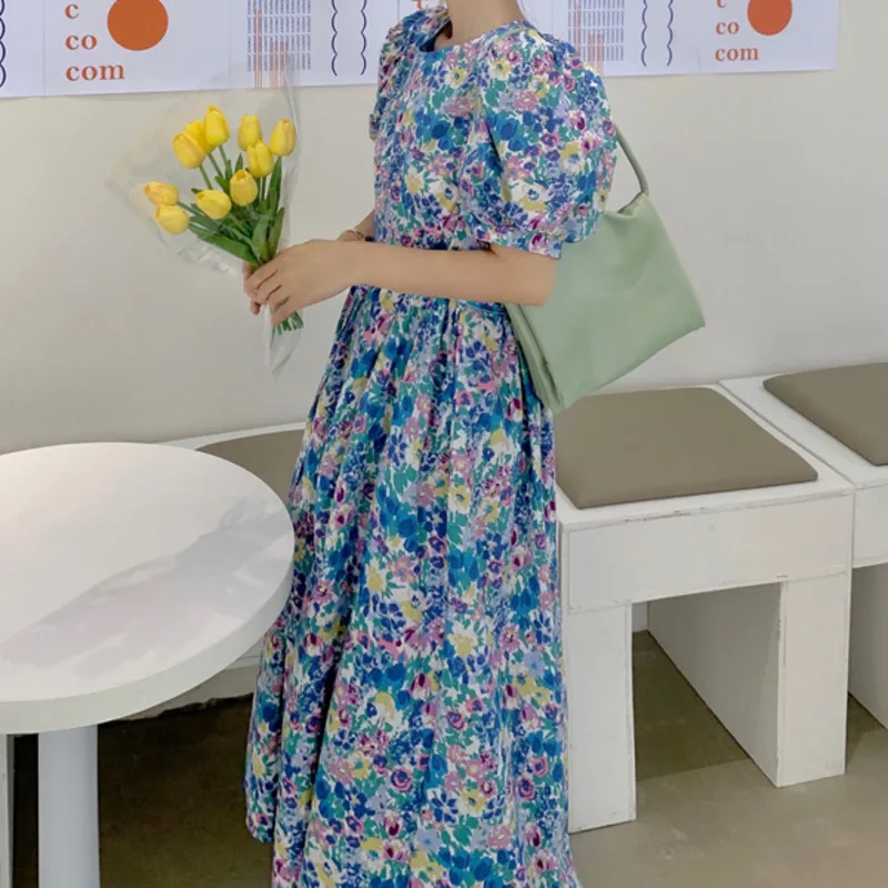 

Summer Women Clothing Vintage Elegant Printed Maxi Dress Korean Short Sleeve Sweet Strappy Dress Sukienki Vestidos De Mujer 2021