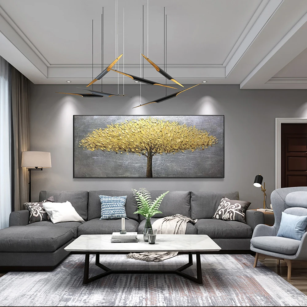 Горизонтальная абстрактная 3D картина с золотым деревом на холсте настенная