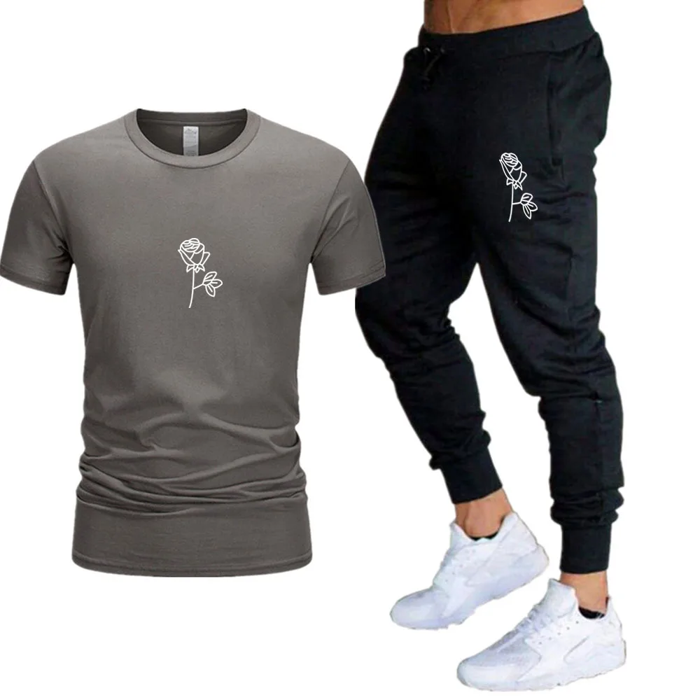 

White Rose Printing Graphic T-Shirt Summer New Style Anime Fashion Men's Streetwear Sweatpants Suit Tops Cool Joggers Pants