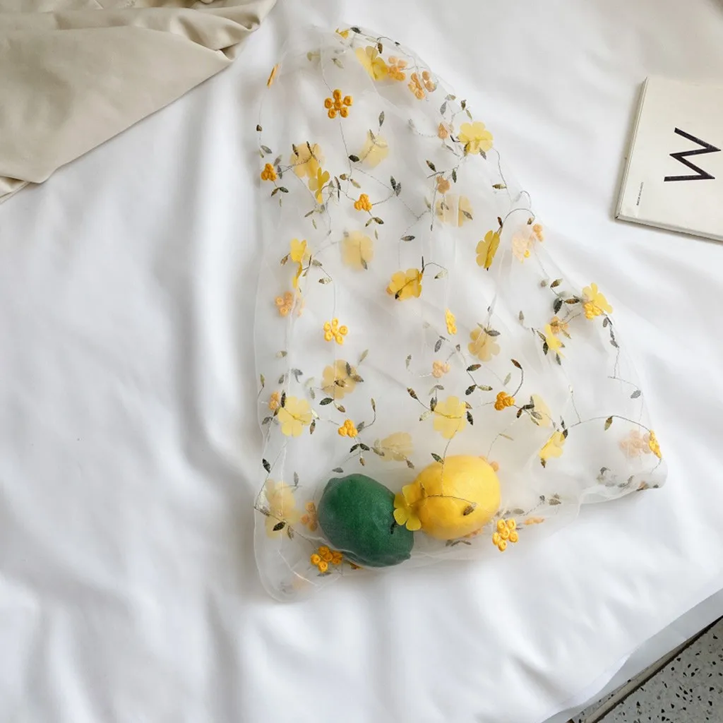 

Women Flower Embroidery Shopper Bag Organza Mesh Shopping Shoulder Bags Eco-friendly Folding Portable Grocery Tote Bags