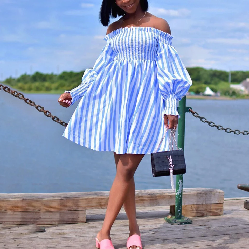 Синий Белый Вертикальная Полоска Отделанный Оборками Платье Оборки Рукава