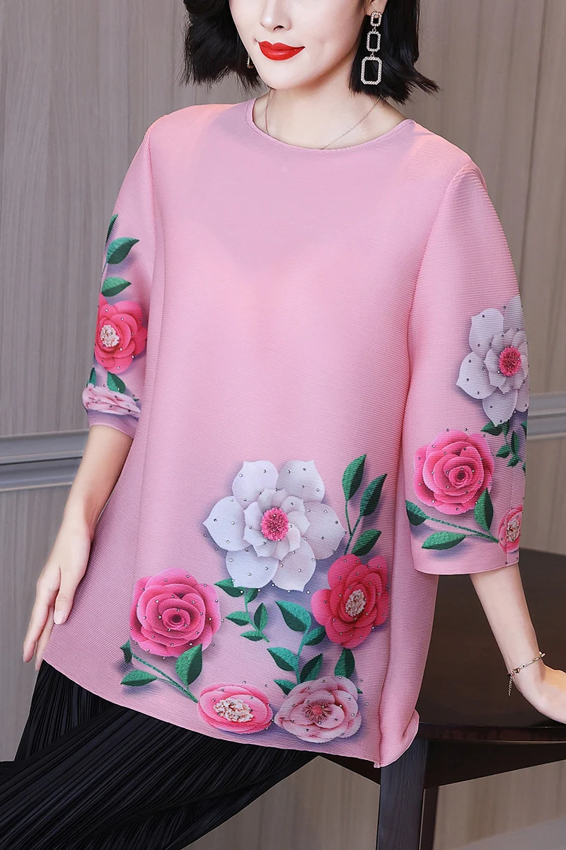 

Plus Size Tops Vintage Chinese Style For Women 45-75kg Spring Summer Flowers Printed Round Neck Loose Miyake Pleated T Shirt
