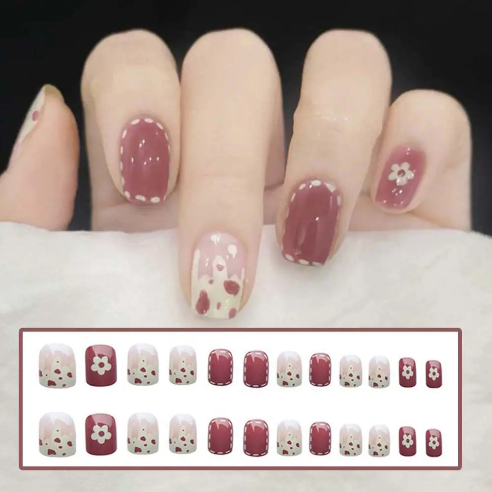 

24pcs Colored Flowers Printed Nails Patch Glue Type Short Paragraph Fashion Manicure False Nails Nail Patch