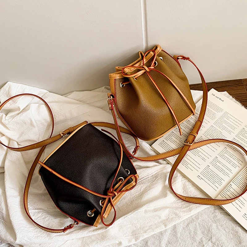 

ASDS-Retro Drawstring Women's Mini Bucket Bag Fashion New Luxury Messenger Bag PU Leather Shoulder Bag
