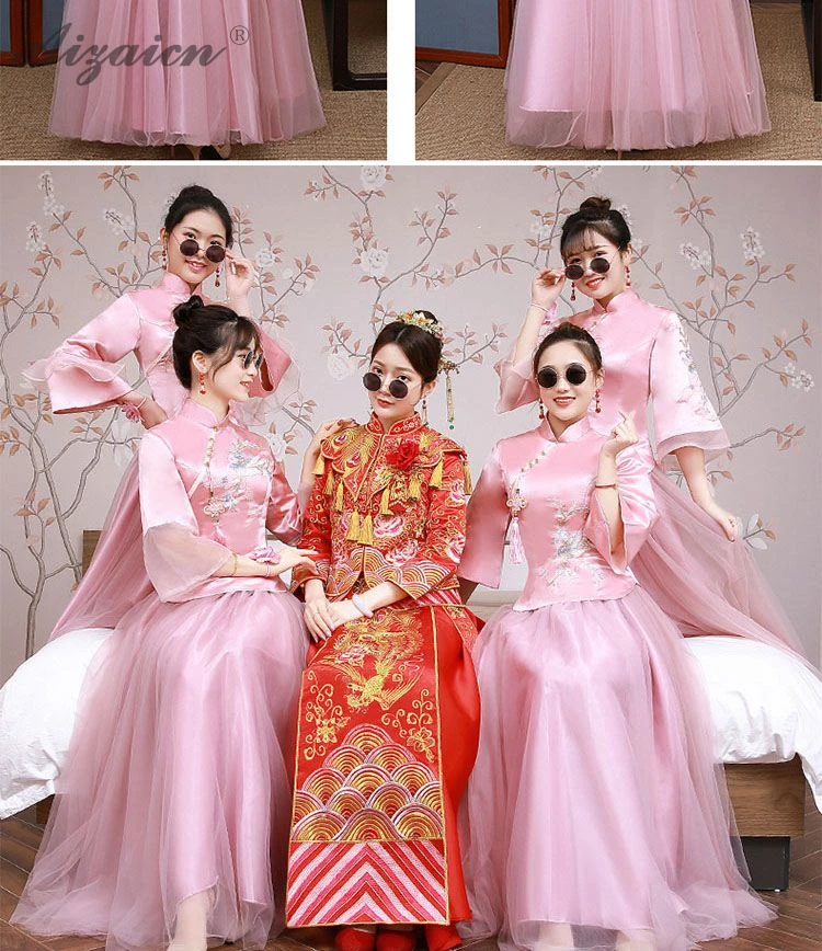 Модная розовая Пряжа юбка длинный Cheongsam Современная Подружка невесты винтажное платье Qi Pao женское традиционное китайское платье Qipao акция